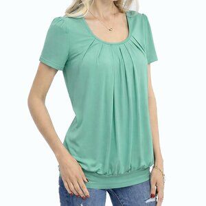 DJT FASHION (M) Green Blue Mint Pleated Tee Scoop Blouson Top Aqua Dusty Jade